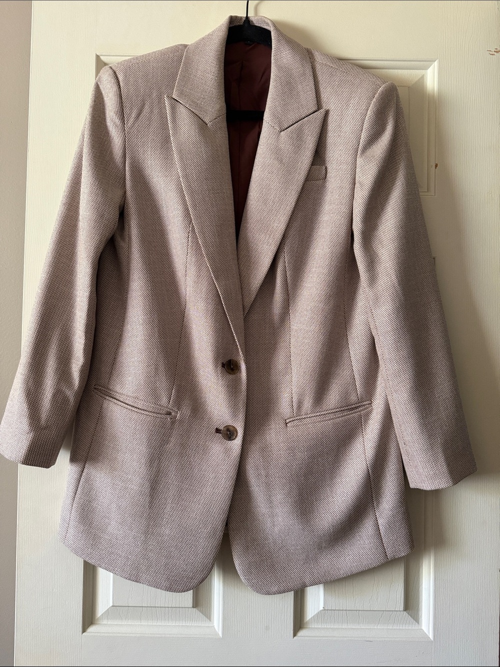 Womens Neutral Herringbone Blazer Jacket - Beige